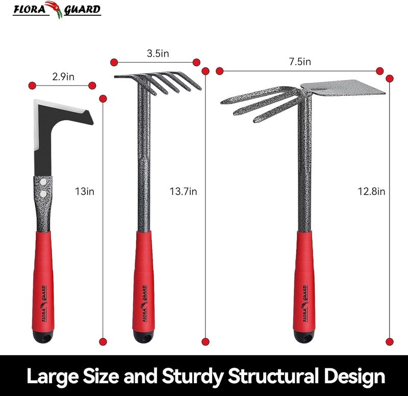 FLORA GUARD Garden Tools Set, 6-Piece Heavy Duty Gardening Hand Tools with Soft Rubber Handle, Includes Trowel, Rake, 2-in-1 Hoe & Crack Weeder, Durable Yard Tools, Essentials Garden Gift Men Women - Image 3